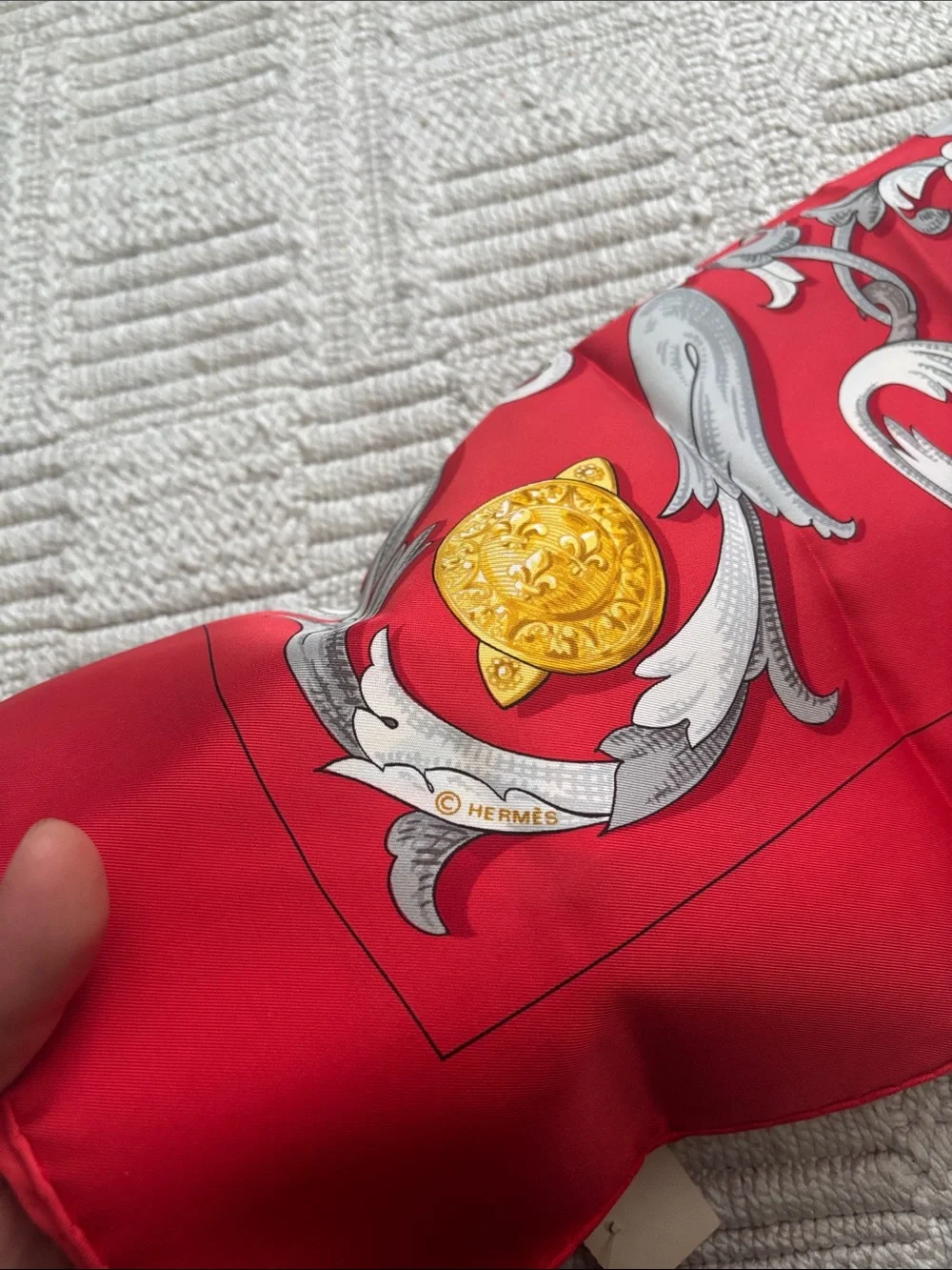 New with tag authentic Hermes Red, Gold, Blue Baroque Silk Scarf